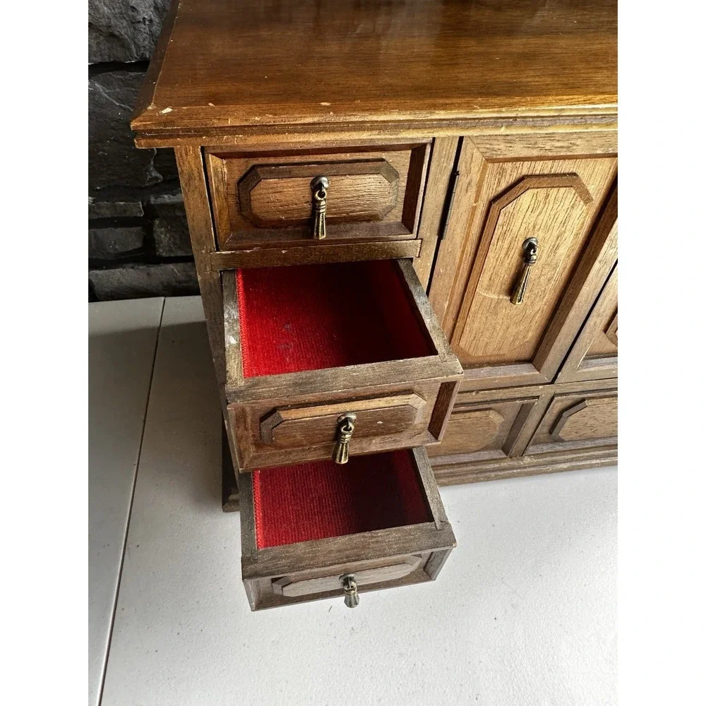 Vintage MCM Kellerman Wooden Jewelry Keepsake Box Case Chest 11 Drawers Cottage